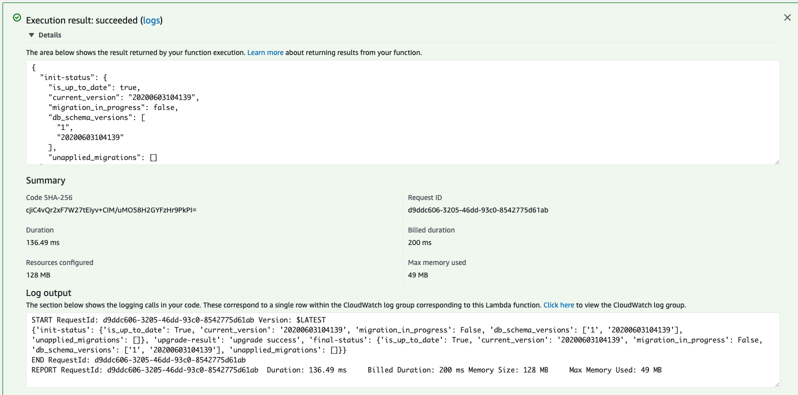 AWS Lambda execution response from AWS console